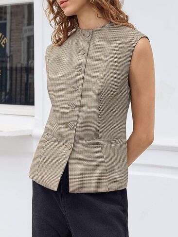 Tankaneo Womens Gingham Suit Vest Tops Round Neck Sleeveless Button Down Fitted Waistcoat Dressy Casual Plaid Blazer Vest in Saudi Arabia