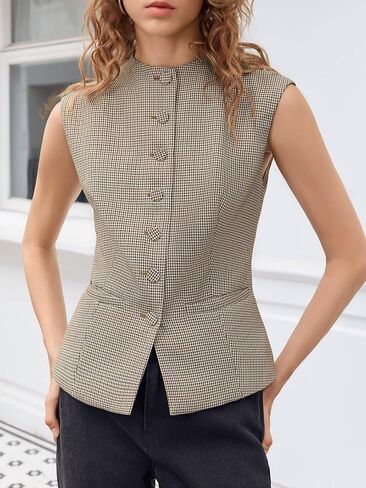 Tankaneo Womens Gingham Suit Vest Tops Round Neck Sleeveless Button Down Fitted Waistcoat Dressy Casual Plaid Blazer Vest in Saudi Arabia