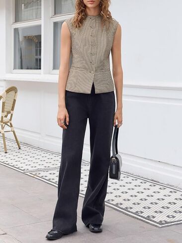 Tankaneo Womens Gingham Suit Vest Tops Round Neck Sleeveless Button Down Fitted Waistcoat Dressy Casual Plaid Blazer Vest in Saudi Arabia