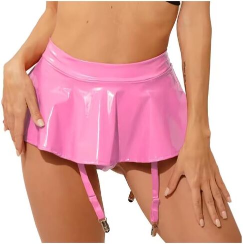 #S-4XL Womens Look Look Patent Leather Chulle Mini Skirt مع حزمة الرباط Metal Clips Latex Minister Minive Rave Party Clubwear in Saudi Arabia