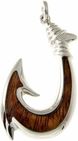 Arthur's Jewelry Koa Wood Hawaiian Wave Fish Hook Rhodium Plated Brass Reversible Pendant in Saudi Arabia
