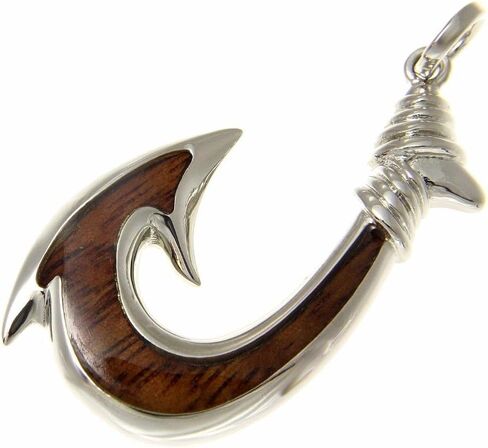 Arthur's Jewelry Koa Wood Hawaiian Wave Fish Hook Rhodium Plated Brass Reversible Pendant in Saudi Arabia