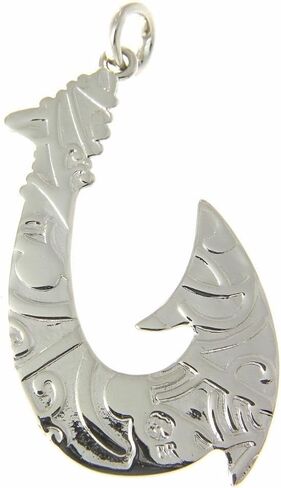 Arthur's Jewelry Koa Wood Hawaiian Wave Fish Hook Rhodium Plated Brass Reversible Pendant in Saudi Arabia