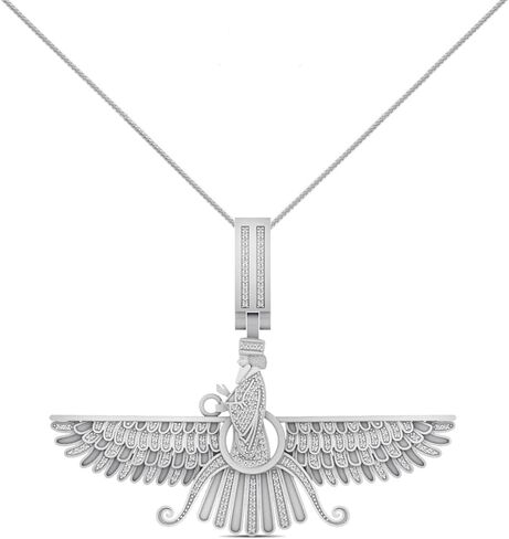 Real Genuine Authentic Natural Diamond 0.71 Cwt. 14K Solid Gold Rhodium Persian Empire Faravahar Ahura Mazda Zoroastrian Pendant Charm Franco Chain Neckless Set in Kuwait