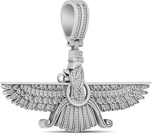 Real Genuine Authentic Natural Diamond 0.71 Cwt. 14K Solid Gold Rhodium Persian Empire Faravahar Ahura Mazda Zoroastrian Pendant Charm Franco Chain Neckless Set in Kuwait