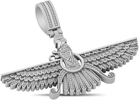 Real Genuine Authentic Natural Diamond 0.71 Cwt. 14K Solid Gold Rhodium Persian Empire Faravahar Ahura Mazda Zoroastrian Pendant Charm Franco Chain Neckless Set in Kuwait