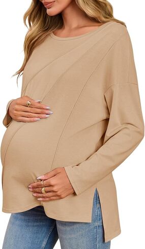 Tankaneo Womens Maternity Shirts Casual Crew Neck Long Sleeve Side Split Pregnancy Clothes Loose Fit Tunic Tops in Saudi Arabia