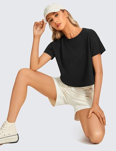 CRZ YOGA Women's Pima Cotton Workout Short Sleeve Shirts Loose Crop Tops Athletic Gym Shirt Casual Cropped T-Shirt Sonic Pink X-Large in Saudi Arabia