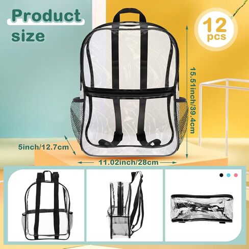 Hillban 12 Pcs Clear Backpack 11 x 5 x 15.5 Inches Clear Stadium Bags for Women See Through Book Concert Backpack Transparent Plastic PVC Festival Work Security Backpack, 3 Colors in Saudi Arabia