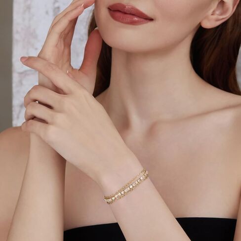 Cicy Bell Womens Double Layered Link Bracelets 18K Gold Plated Cubic Zirconia Tennis Bracelets Sets Trendy Jewelry Gifts for Lover Mom Friends in Saudi Arabia