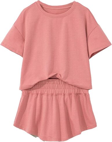 Women's 2 Piece Summer Outfit Set, Casual Short T-Shirt with Ruffle High Waisted Skirt Pants in Saudi Arabia