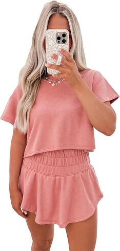 Women's 2 Piece Summer Outfit Set, Casual Short T-Shirt with Ruffle High Waisted Skirt Pants in Saudi Arabia
