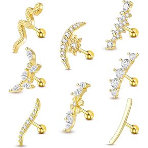 8pcs أقراط غضروف ذهبية للنساء 16G Hypoallergenic من الفولاذ المقاوم للصدأ اللولب الثابتة مجوهرات CZ زهرة الأفعى القمر tragus percing المجوهرات daith conch in Kuwait