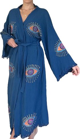 The Pinus Women's Evil Eye Kimono Robe with Pockets Royal Blue Hand Painted 100% Cotton Kimono, Robe, Kaftan One Size Fits XS,S,M,L,XL in Saudi Arabia