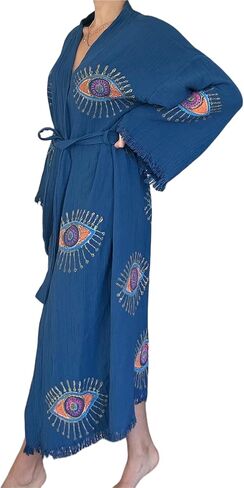 The Pinus Women's Evil Eye Kimono Robe with Pockets Royal Blue Hand Painted 100% Cotton Kimono, Robe, Kaftan One Size Fits XS,S,M,L,XL in Saudi Arabia