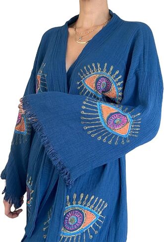 The Pinus Women's Evil Eye Kimono Robe with Pockets Royal Blue Hand Painted 100% Cotton Kimono, Robe, Kaftan One Size Fits XS,S,M,L,XL in Saudi Arabia