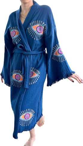 The Pinus Women's Evil Eye Kimono Robe with Pockets Royal Blue Hand Painted 100% Cotton Kimono, Robe, Kaftan One Size Fits XS,S,M,L,XL in Saudi Arabia