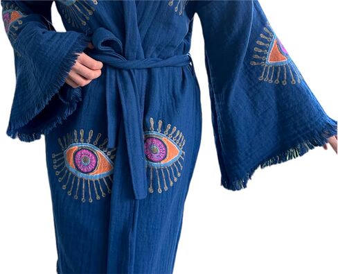 The Pinus Women's Evil Eye Kimono Robe with Pockets Royal Blue Hand Painted 100% Cotton Kimono, Robe, Kaftan One Size Fits XS,S,M,L,XL in Saudi Arabia