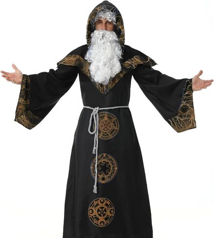 LMYOVE Men Wizard Costume with Hood, Adult Medieval Dark Sorcerer Robe, Medieval Renaissance Wizard Gown Halloween Costume in Kuwait