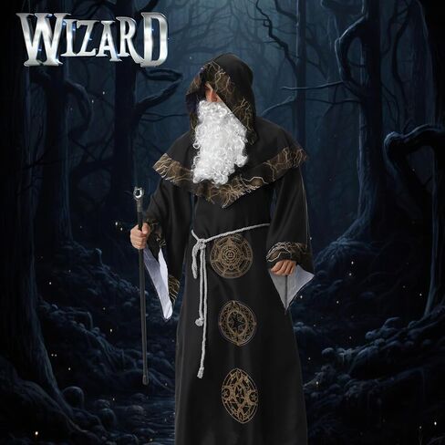 LMYOVE Men Wizard Costume with Hood, Adult Medieval Dark Sorcerer Robe, Medieval Renaissance Wizard Gown Halloween Costume in Kuwait