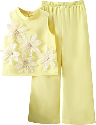 Floerns Girl's 2 Outfit 3D Flowerless Slocksivess Mock Deck Tank مع مجموعة سروال in Saudi Arabia