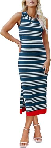 Zeagoo Womens Bodycon Midi Dresses Summer Casual Sleeveless Dress Women Knit Side Slit Striped 2025 Long Tank Dress in Saudi Arabia