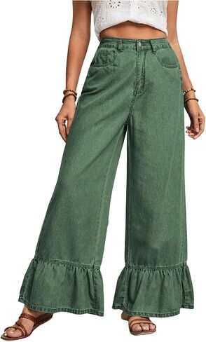 SweatyRocks Women's High Waist Wide Leg Baggy Jeans Ruffled Hem Denim Palazzo Pants in Saudi Arabia