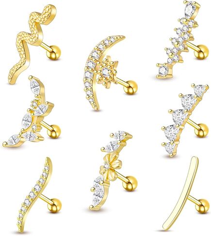 8pcs أقراط غضروف ذهبية للنساء 16G Hypoallergenic من الفولاذ المقاوم للصدأ اللولب الثابتة مجوهرات CZ زهرة الأفعى القمر tragus percing المجوهرات daith conch in Kuwait