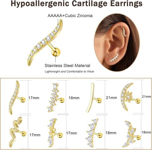 8pcs أقراط غضروف ذهبية للنساء 16G Hypoallergenic من الفولاذ المقاوم للصدأ اللولب الثابتة مجوهرات CZ زهرة الأفعى القمر tragus percing المجوهرات daith conch in Kuwait