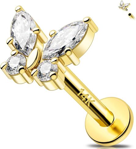 Melighting 14k الصلبة الغضروف الذهب الحلق 16G داخلي الفراشة الفراشة مسطحة الظهر مجوهرات ثقب مجوهر in Saudi Arabia