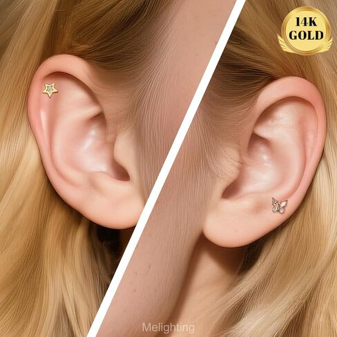 Melighting 14k الصلبة الغضروف الذهب الحلق 16G داخلي الفراشة الفراشة مسطحة الظهر مجوهرات ثقب مجوهر in Saudi Arabia