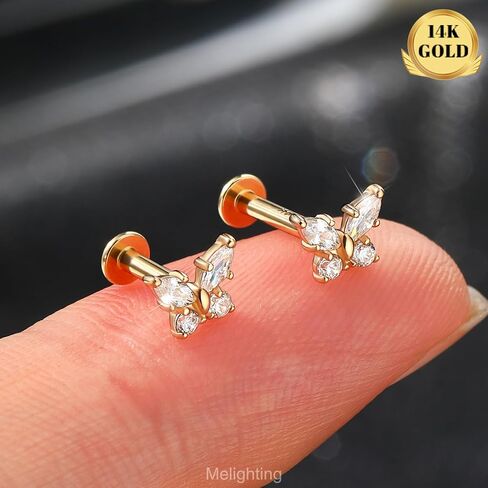 Melighting 14k الصلبة الغضروف الذهب الحلق 16G داخلي الفراشة الفراشة مسطحة الظهر مجوهرات ثقب مجوهر in Saudi Arabia