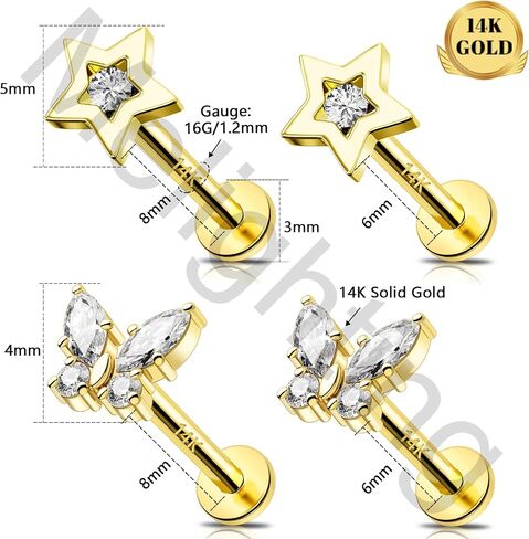 Melighting 14k الصلبة الغضروف الذهب الحلق 16G داخلي الفراشة الفراشة مسطحة الظهر مجوهرات ثقب مجوهر in Saudi Arabia