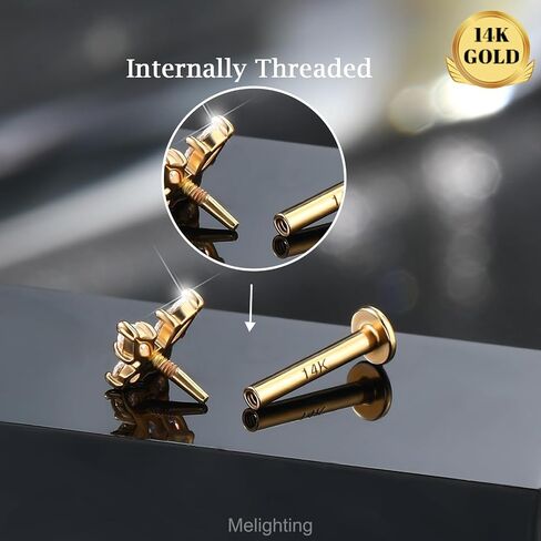 Melighting 14k الصلبة الغضروف الذهب الحلق 16G داخلي الفراشة الفراشة مسطحة الظهر مجوهرات ثقب مجوهر in Saudi Arabia