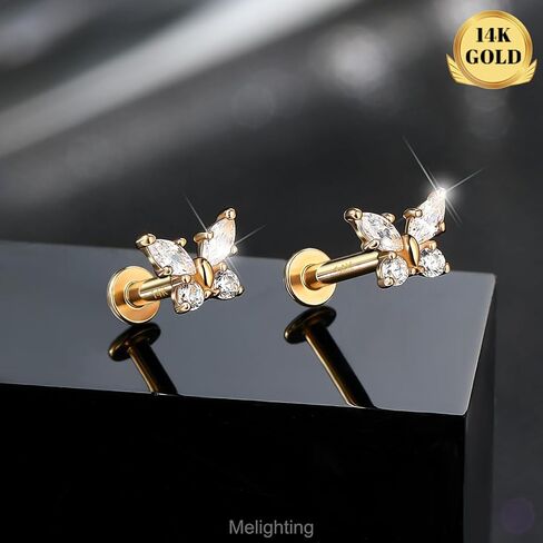Melighting 14k الصلبة الغضروف الذهب الحلق 16G داخلي الفراشة الفراشة مسطحة الظهر مجوهرات ثقب مجوهر in Saudi Arabia
