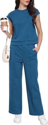 Two Piece Sets for Women Summer Sweatsuit Sleeveless Casual Wide Leg Pants Lounge Sets Beach Vacation Travel Outfit in Kuwait