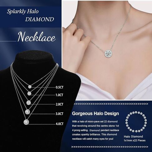 18K White Gold over S925 Sterling Silver, 1-3ct Diamond Halo Pendant Necklace for Women, Inspiration Gift for Mom on Women's Day in Saudi Arabia
