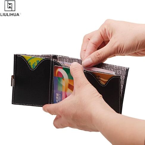 LLH LIULIHU AGenuine محفظة جلدية ثلاثية الطي بحامل بطاقات الائتمان مع RFID في الشطرنج ومحافظ قفل من الفولاذ المقاوم للصدأ للرجال - محفظة رفيعة بسيطة (Broen) in Saudi Arabia