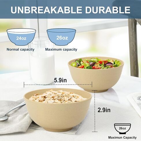 Wheat Straw Bowls Sets of 6, 26oz Plastic Bowl Reusable, Unbreakable Cereal Bowl, Microwave and Dishwasher Safe Soup Bowls for Kitchen, Camping, RV, Party - BlackBeige in Kuwait