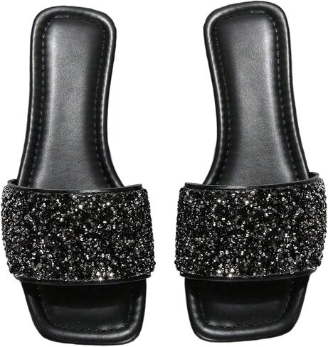 GORGLITTER Women's Sparkly Jeweled Flat Sandals Dressy Open Toe Glitter Shiny Slippers Slip-on Shoes Black CN39 in Saudi Arabia