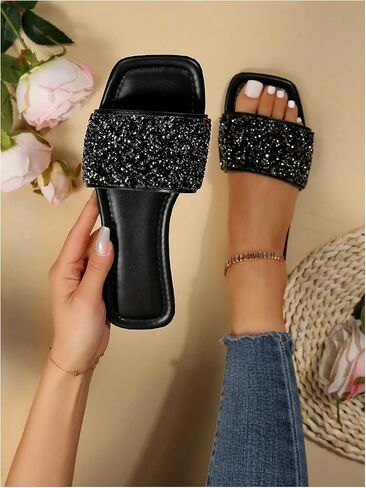 GORGLITTER Women's Sparkly Jeweled Flat Sandals Dressy Open Toe Glitter Shiny Slippers Slip-on Shoes Black CN39 in Saudi Arabia