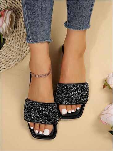 GORGLITTER Women's Sparkly Jeweled Flat Sandals Dressy Open Toe Glitter Shiny Slippers Slip-on Shoes Black CN39 in Saudi Arabia