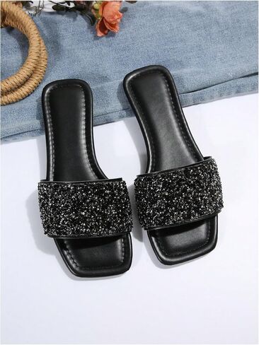 GORGLITTER Women's Sparkly Jeweled Flat Sandals Dressy Open Toe Glitter Shiny Slippers Slip-on Shoes Black CN39 in Saudi Arabia
