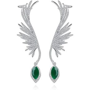 14K Gold Gemstone Feather Clip على أقراط للنساء ، ومياه Waterdrop Emerald Moissanite Angel Wing Cuff ، هدية مجوهرات عيد الميلاد لها in Kuwait
