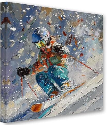 Shred Ski Art Abstract Painting 30x30 Canvas Poster – Skiing Action Winter Sports Print, Vibrant Scene, Dynamic Artistic Artwork for Cabin, Resort, Lodge, Home, Outdoor Adventure & High-Speed Skiing in Saudi Arabia