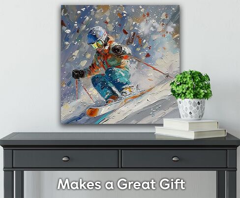 Shred Ski Art Abstract Painting 30x30 Canvas Poster – Skiing Action Winter Sports Print, Vibrant Scene, Dynamic Artistic Artwork for Cabin, Resort, Lodge, Home, Outdoor Adventure & High-Speed Skiing in Saudi Arabia