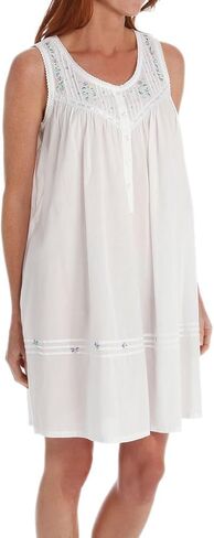 LA CERA Women's Sleeveless Cotton Embroidered Chemise, Button Front, Round Neck, Above-Knee Length, Machine Wash in Saudi Arabia