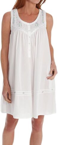 LA CERA Women's Sleeveless Cotton Embroidered Chemise, Button Front, Round Neck, Above-Knee Length, Machine Wash in Saudi Arabia