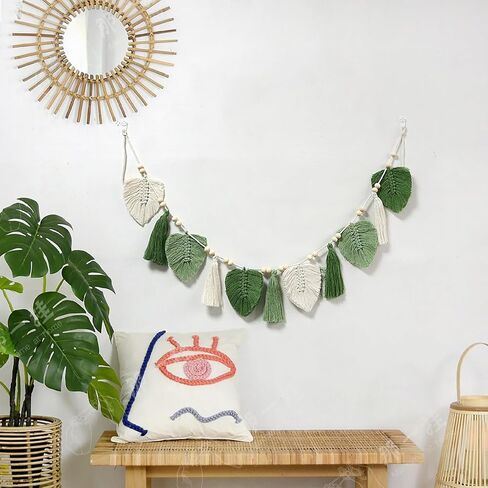 MSUIINT Wall Hanging Tassels, Green Tassel Garland with Wood Bead, Boho Wall Hanging Tassels Bunting Banner, Warm Earth Tone Yarn Tassel Garland with Wood Beads Smash Banner (A) in Kuwait