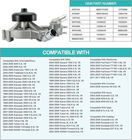 AW5104 Water Pump w/Thermostat (4.8L 5.3L 6.0L) For Cadillac Escalade 2002-2006,For Chevy Silverado 1500 2500 3500 Tahoe Express GMC Savana Yukon Envoy Sierra 1999-2006,Workhorse FasTrack in Saudi Arabia